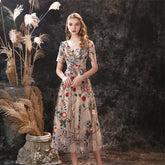 Embroidery V-Neck Flower Midi Dress - FashionByTeresa
